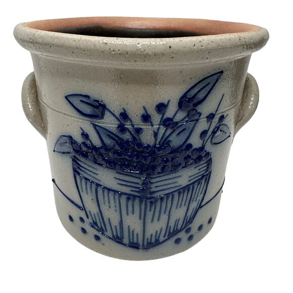 1992 Salmon Falls Blue Decorated Stoneware Blue Berries Basket CrockWare Pottery - Picture 2 of 13